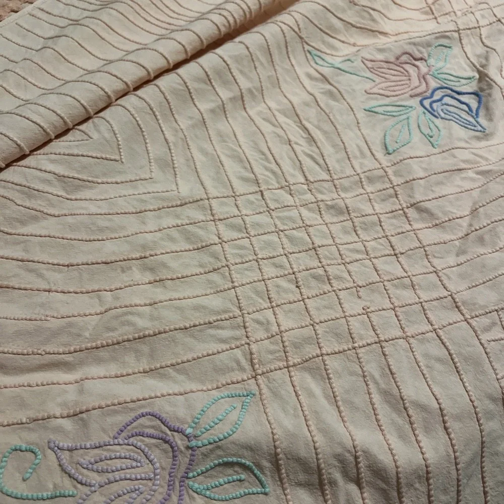 VIntage Pink Floral Chenille Hand Guided Tufted Full/Queen Bedspread 104 X 93